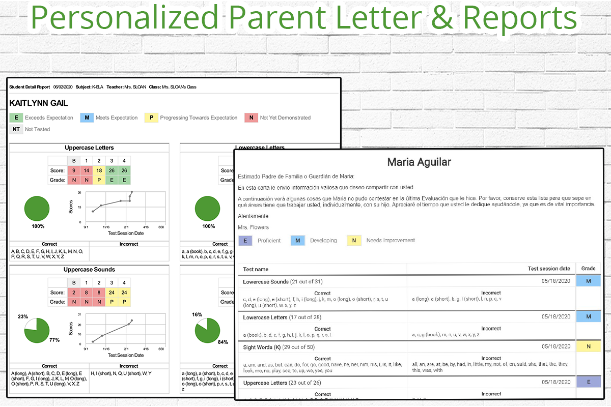 The Parent Reports are personalized letters from the teacher to inform each student’s guardian of their known and unknown skills. It includes each student's test scores, the Test History Line Graph, and the correct and incorrect answers.