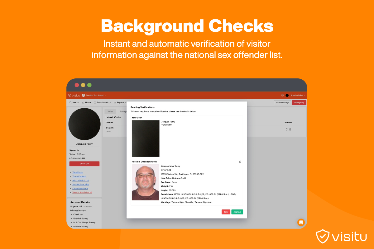 Background Checks- Instant and automatic verification of visitor information against the national sex offender list. 