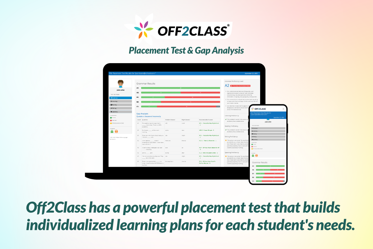 Off2Class has a powerful placement test that builds individualized learning plans for each student's needs.