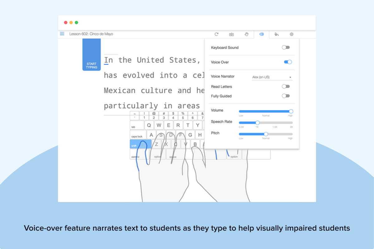 Voice-over feature narrates text to students as they type to help visually impaired students