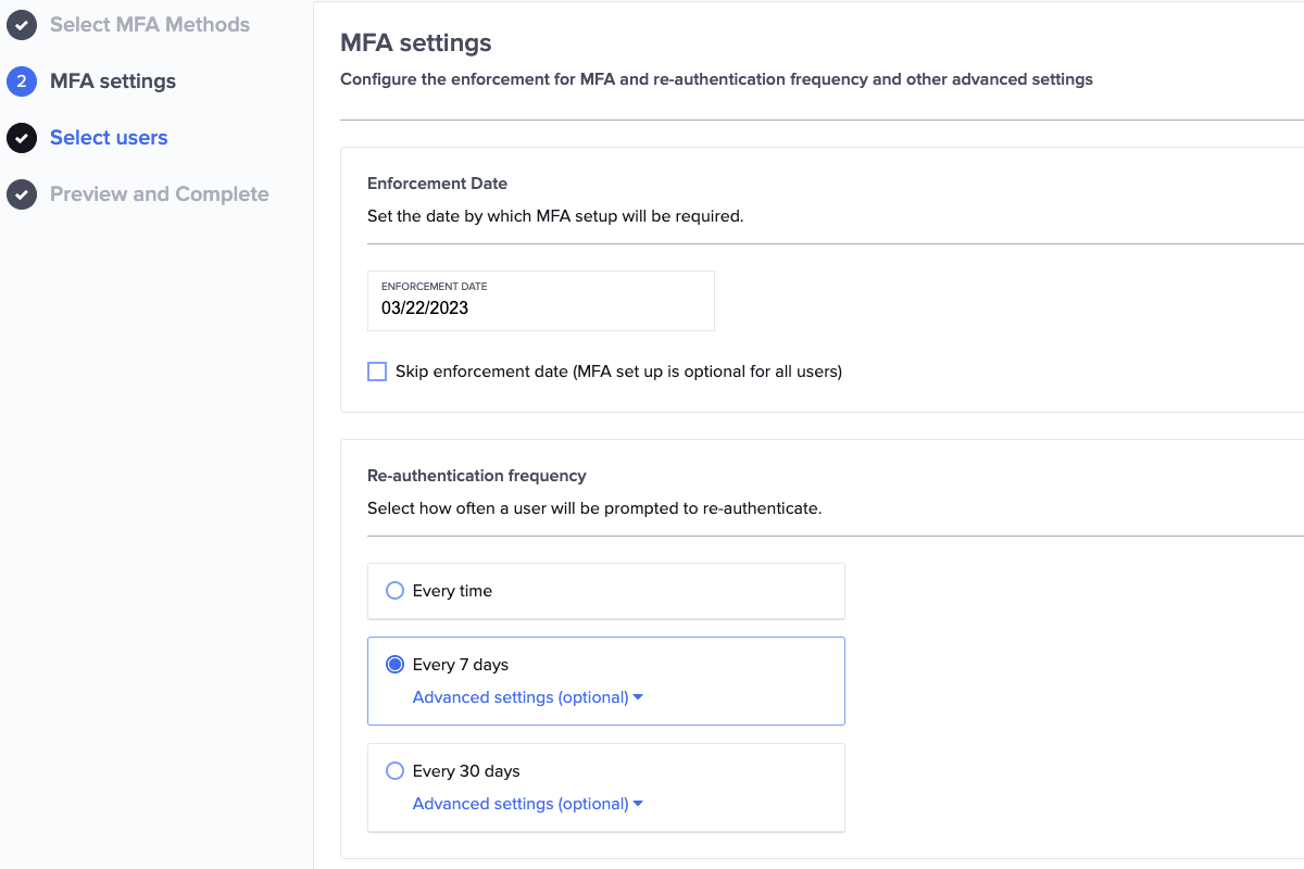 Clever MFA+ enrollment and re-authentication settings