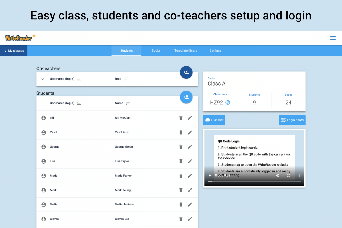 writereader - Set up students after you have logged in